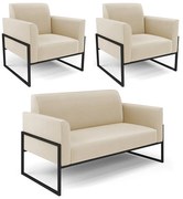Sofá Namoradeira com 2 Poltronas Base Industrial Alta Preto Marisa Suede - Bege