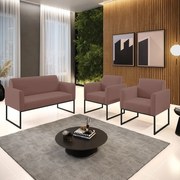 Sofá Namoradeira com 2 Poltronas Base Industrial Preto Marisa Veludo   - Rose