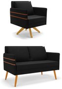 Kit 01 Namoradeira 02 Lugares e 01 Poltrona Mari Suede Base de Madeira MA30 D03 - D'Rossi - Preto