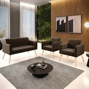 Sofá Namoradeira com 2 Poltronas Pés Palito Natural Marisa Suede - Marrom