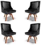 Kit 4 Cadeiras Decorativas Sala de Jantar Base Giratória de Madeira Firenze PU Preto Brilho/Natural G19 - Gran Belo