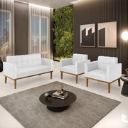 Sofá Namoradeira e 2 Poltronas Base Madeira Castanho Elisa Corino D03 - D'Rossi - Branco