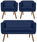 Kit 01 Namoradeira e 02 Poltronas Julia Suede Pés Palito Castanho D01 - D'Rossi - Azul Marinho