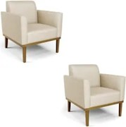 Poltrona Base Madeira Castanho Kit 2 Maressa Veludo Luxo Off White - I