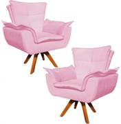Kit 2 Poltronas Decorativas Base Giratória em Madeira Charger Suede Rosa G19 - Gran Belo