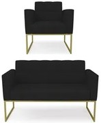 Sofá Namoradeira e 1 Poltrona Base Industrial Dourado Ana Linho Preto