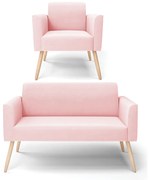 Sofá Namoradeira com Poltrona Pés Palito Natural Marisa Suede - Rosa Bebê