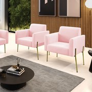 Poltrona Pé de Ferro Dourado Decorativa Kit 2 Marisa Suede D03 - D'Rossi - Rosa Bebê