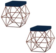 Kit 2 Puffs Decorativo Sala de Estar Base Bronze Trixie Veludo Azul G41 - Gran Belo