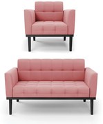 Sofá Namoradeira e Poltrona Base de Madeira Preto Elisa Suede D03 - D'Rossi - Rose