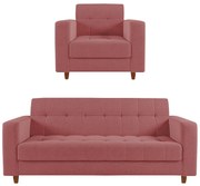 Kit Sofá 03 Lugares e 01 Poltrona Arezzo Linho Whisky Rose A106 Pés Chanfrado Castanho - D'Rossi