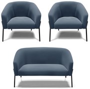 Namoradeira e 2 Poltronas Pé de Ferro Preto Stella Suede Azul Marinho D03 - D'Rossi