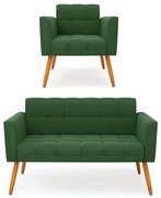 Kit 1 Sofá Namoradeira e 1 Poltrona Elisa Suede Pés Palito Castanho D03 - D'Rossi - Verde