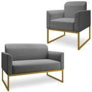 Conjunto Namoradeira e Poltrona Decorativa Isabella Base Industrial Linho Grafite/Dourado G19 - Gran Belo