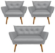 Kit 01 Namoradeira e 02 Poltronas Anitta Corino Pés Palito Castanho D03 - D'Rossi - Cinza