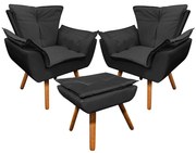 02 Poltronas e 01 Puff Pé Palito de Madeira Opala Corino - Preto