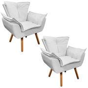 Poltrona Sala de Estar Pé Palito de Madeira Kit 2 Opala Corino - Branco