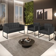 Kit 1 Sofá Namoradeira e 2 Poltronas Elisa Corino Base Metálica Industrial Preto D03 - D'Rossi - Preto