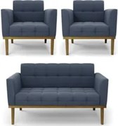Sofá Namoradeira e 2 Poltronas Base Madeira Castanho Ana Suede Azul Ma
