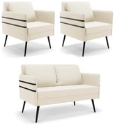 Kit 01 Namoradeira 02 Lugares e 02 Poltronas Mari Veludo Bege Pés Palito de Ferro