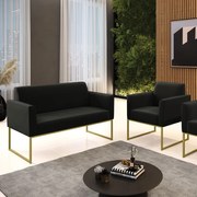 Sofá Namoradeira com Poltrona Base Industrial Dourado Marisa Suede - Preto