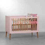 Berço Mini Cama Noah Wood com Pés Retrô Mel - Rosa Fosco