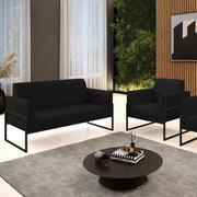 Sofá Namoradeira com Poltrona Base Industrial Alta Preto Marisa Linho - A79 Preto