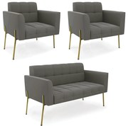 Sofá Namoradeira e 2 Poltronas Pé de Ferro Dourado Elisa Suede D03 - D'Rossi - Grafite