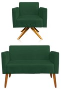 KIT 01 NAMORADEIRA E 01 POLTRONA MARISA SUEDE BASE GIRATORIA MADEIRA MA30 DROSSI - Verde