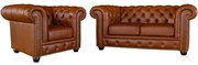 Conjunto de Sofás Sala de Estar Chesterfield Pés Madeira Couro Conhaque Brilho G40 - Gran Belo