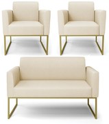 Sofá Namoradeira com 2 Poltronas Base Industrial Dourado Marisa Linho - A19 Bege