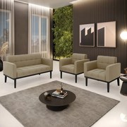 Sofá Namoradeira e 2 Poltronas Base de Madeira Preto Elisa Suede D03 - D'Rossi - Marrom Rato
