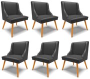 Kit 6 Cadeiras Decorativas Sala de Jantar Pés Palito de Madeira Firenze PU Preto Fosco/Natural G19 - Gran Belo