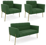 Sofá Namoradeira e 2 Poltronas Pé de Ferro Dourado Elisa Suede D03 - D'Rossi - Verde