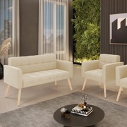 Kit 1 Sofá Namoradeira e 1 Poltrona Elisa Suede Pés Palito Natural D03 - D'Rossi - Bege