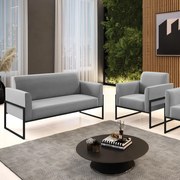 Sofá Namoradeira com Poltrona Base Industrial Alta Preto Marisa Suede - Cinza