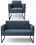 Sofá Namoradeira com Poltrona Base Industrial Preto Marisa Suede Azul Marinho