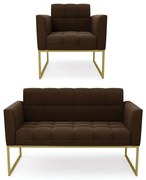 Kit 1 Sofá Namoradeira e 1 Poltrona Elisa Suede Base Metálica Industrial Dourado D03 - D'Rossi - Marrom