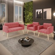 Kit 1 Sofá Namoradeira e 2 Poltronas Elisa Suede Pés Palito Natural D03 - D'Rossi - Rose