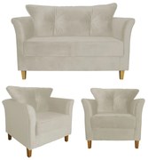 Kit Sofá Namoradeira + 2 Poltronas Ibis Decorativa Suede Bege