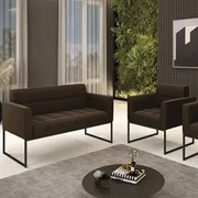Sofá Namoradeira e 1 Poltrona Base Industrial Preto Ana Suede Marrom -