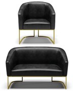 Sofá Namoradeira e Poltrona Base Industrial Dourado Stella Sintético PU D03 - D'Rossi - Preto