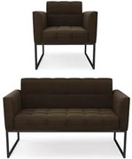 Sofá Namoradeira e 1 Poltrona Base Industrial Preto Ana Suede Marrom -