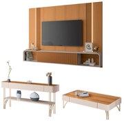 Conjunto Home c/LED, Aparador e Mesa de Centro Rennes MDF/MDP Cinamomo/Off White G26 - Gran Belo