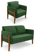 Kit 1 Sofá Namoradeira e 1 Poltrona Lana Suede Verde Base de Madeira - D'Rossi
