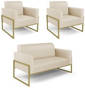 Sofá Namoradeira com 2 Poltronas Base Industrial Alta Dourado Marisa Corino Bege