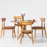 Conjunto Mesa de Jantar Thai Orgânica Carvalho Americano - 1,20m + 4 Cadeira Dalí Encosto Palha Larga Assento PU - Cognac