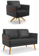 Kit 01 Namoradeira 02 Lugares e 01 Poltrona Mari Corino Base de Madeira MA30 - Preto