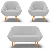 Kit 01 Namoradeira 02 Lugares e 02 Poltronas Giovana Suede Pés Palito Castanho - Indo Decorar - Cinza