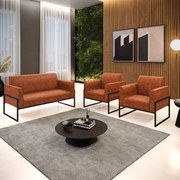 Sofá Namoradeira com 2 Poltronas Base Industrial Alta Preto Marisa Corano - Nozes